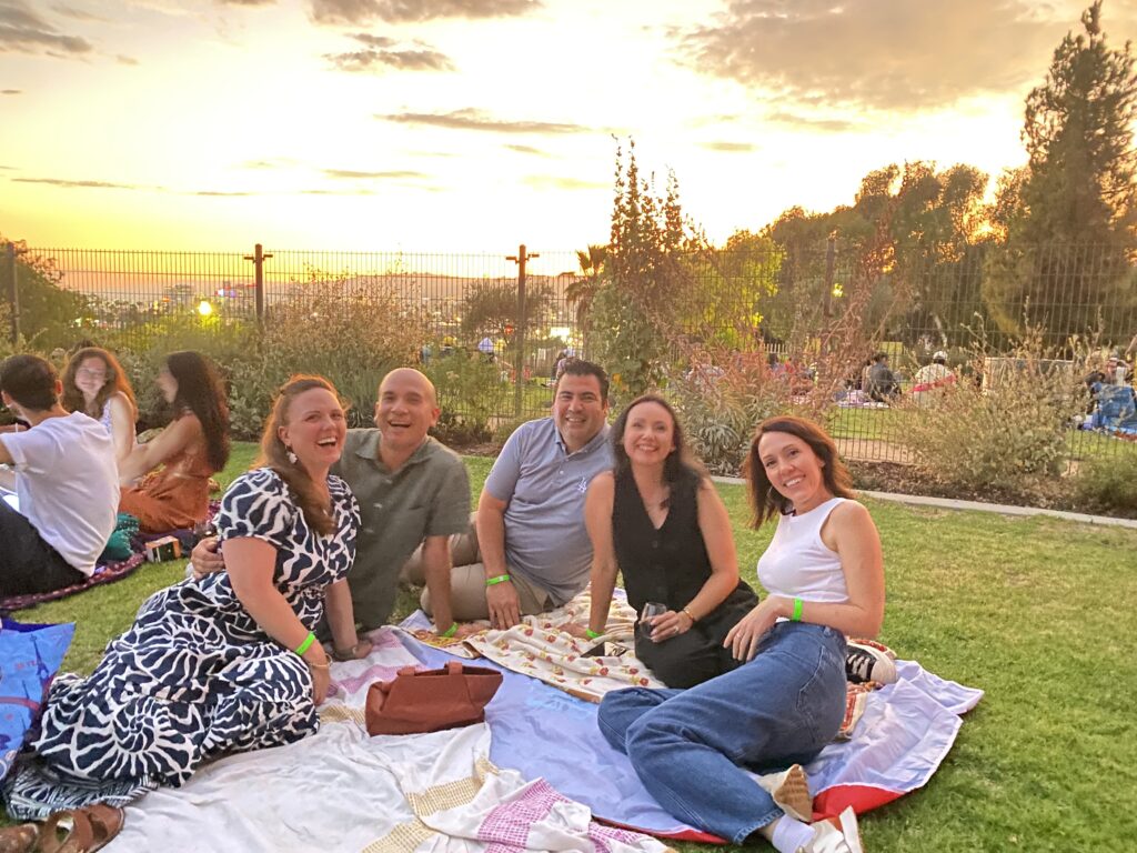 friends at Barnsdall Art Park with sunset 